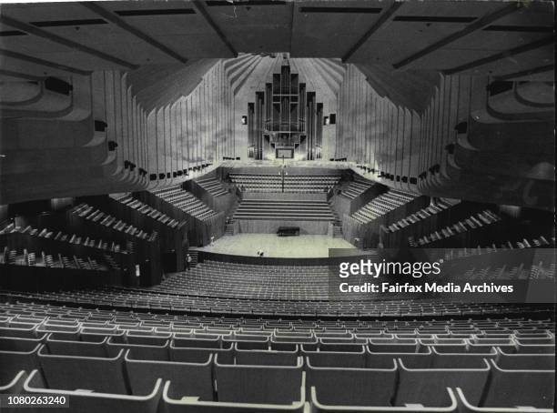 The Sydney Opera House, exteriors and interiors.Concert Hall, Opera House. March 03, 1973. .