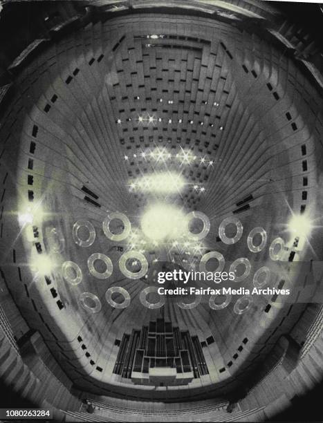 The Sydney Opera House, exteriors and interiors, the main concert hall.Concert Hall ceiling Sydney Opera House. April 03, 1973. .