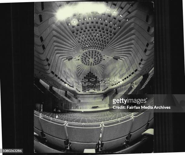The Sydney Opera House, exteriors and interiors, concert hall. April 03, 1973. .