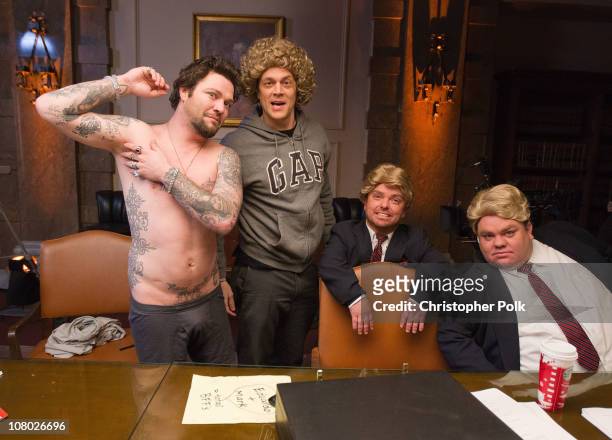 Bam Margera, Johnny Knoxville, Wee-Man and Preston Lacy of "Jackass" reenact scenes from "The Social Network" on January 4, 2010 in Los Angeles,...