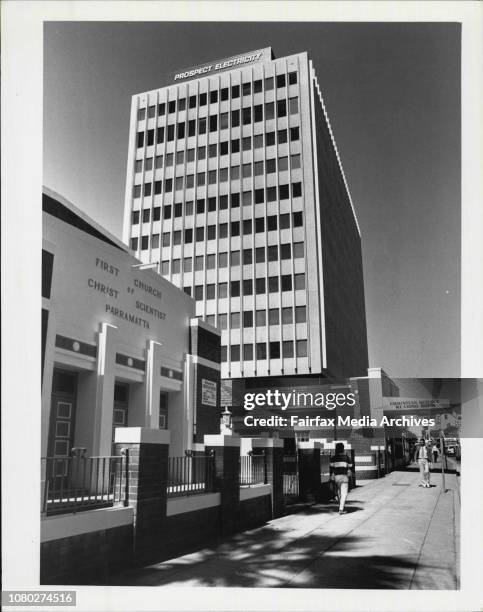 First Church of Christ Scientist Parramatta and the Christian Science Reading Room, dwarfed by tall building in Smith St., Parramatta. September 17,...