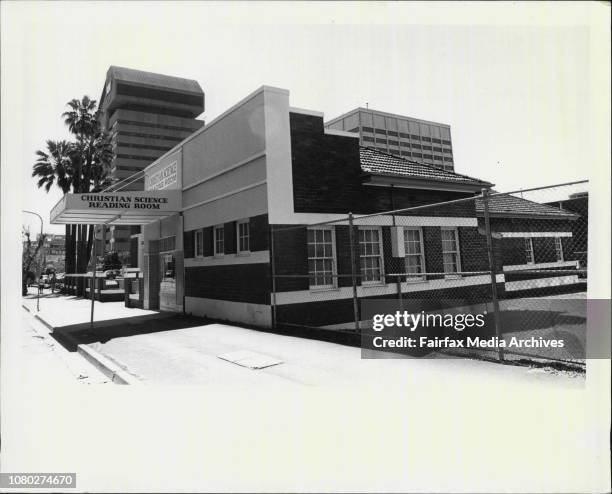 Christ Scientist Parramatta and the Christian Science Reading Room, dwarfed by tall buildings in Smith St., Parramatta. September 17, 1987. .