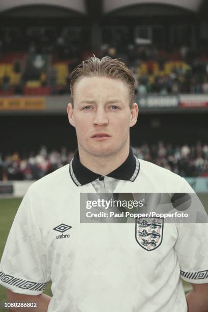 English professional footballer David Batty, midfielder with Leeds United, pictured lining up prior to playing in the international match between the...