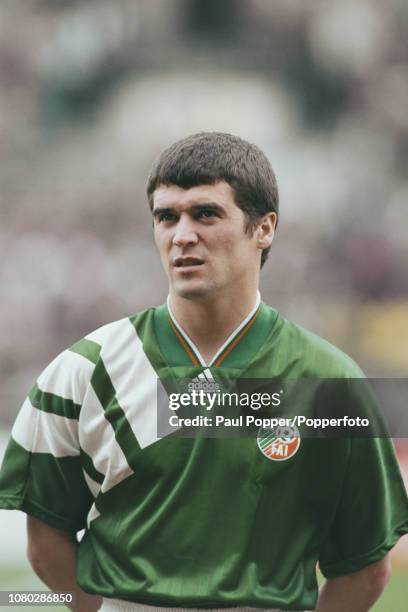 Irish professional footballer Roy Keane, midfielder with Nottingham Forest, pictured lining up prior to playing for the Republic of Ireland during a...