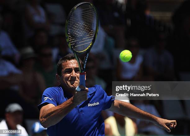 Nicolas Almagro of Spain plays a forehand during his match against David Nalbandian of Argentina on day five of the Heineken Open at ASB Tennis...