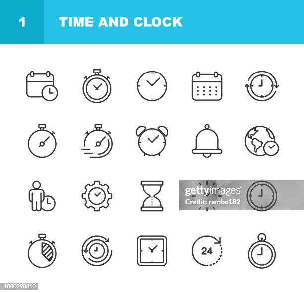 zeit und uhr linie symbole. editierbare schlaganfall. pixel perfect. für mobile und web. - zeitmessinstrument stock-grafiken, -clipart, -cartoons und -symbole