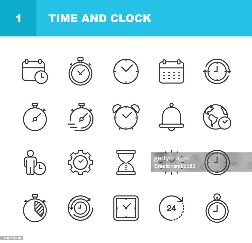 Icone della linea dell'ora e dell'orologio. Tratto modificabile. Pixel Perfetto. Per dispositivi mobili e Web.
