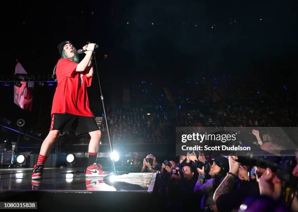 Singer Billie Eilish performs onstage during the KROQ Absolut Almost Acoustic Christmas 2018 at The Forum on December 08, 2018 in Inglewood,...