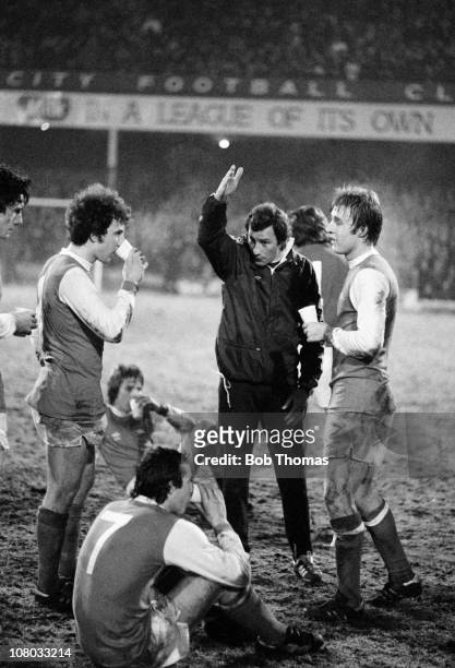 Arsenal manager Terry Neill giving instructions to his players prior to extra-time in the FA Cup 3rd round 2nd replay between Arsenal and Sheffield...