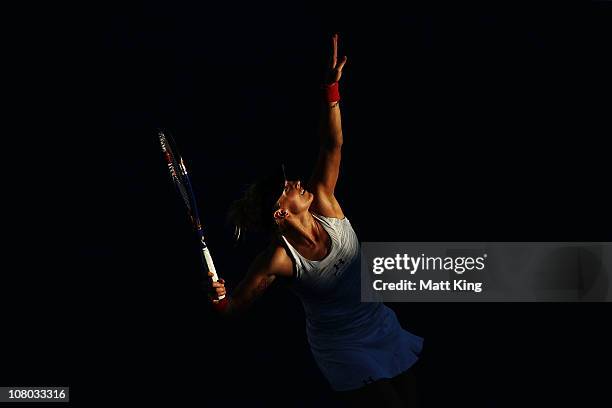 Bethanie Mattek-Sands of USA serves during her semi final match against Shuai Peng of China during day six of the Moorilla Hobart International at...