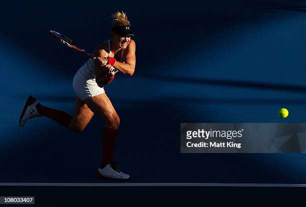 Bethanie Mattek-Sands of USA plays a backhand during her semi final match against Shuai Peng of China during day six of the Moorilla Hobart...