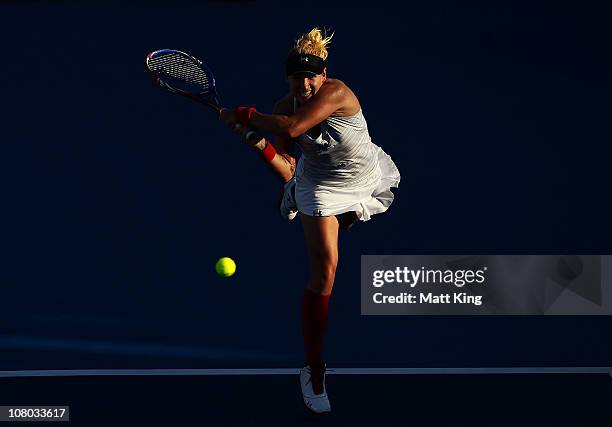 Bethanie Mattek-Sands of USA plays a backhand during her semi final match against Shuai Peng of China during day six of the Moorilla Hobart...