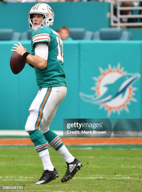 Ryan Tannehill of the Miami Dolphins in action against the New England Patriots at Hard Rock Stadium on December 9, 2018 in Miami, Florida.