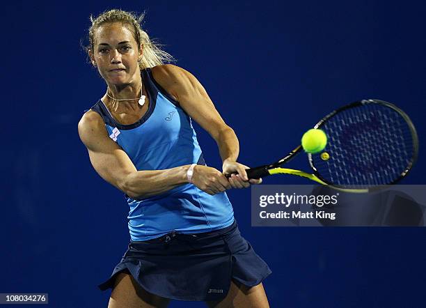 Klara Zakopalova of Czech Republic plays a backhand during her semi final match against Jarmilla Groth of Australia during day six of the Moorilla...