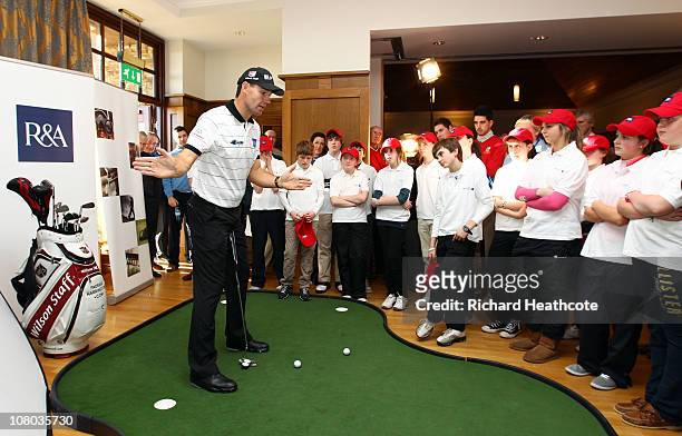 Two time Open Championship winner Padraig Harrington of Ireland gives a golf clinic to junior golfers after he is announced as the first Working for...
