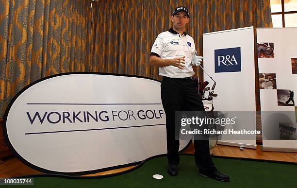 Two time Open Championship winner Padraig Harrington of Ireland gives a golf clinic to junior golfers after he is announced as the first Working for...