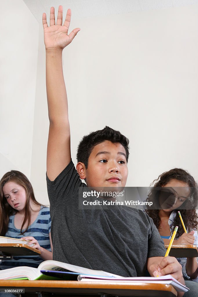 Middle school boy raising hand in class.