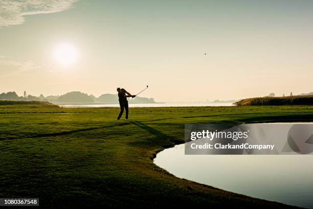 hitting the perfect pitch shot. - sunset silhouette back lit stock pictures, royalty-free photos & images