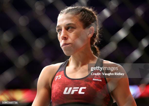 Joanna Jedrzejczyk of Poland enters the ring prior to her fight against Valentina Shevchenko of Kyrgyzstan in a flyweight bout during the UFC 231...