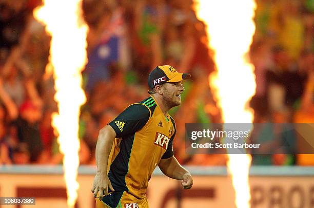 Aaron Finch of Australia reacts after taking a catch to dismiss Eoin Morgan of England during the Second Twenty20 International Match between...