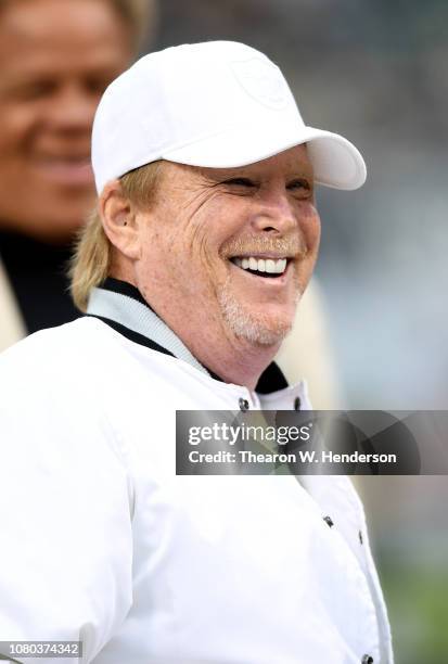 Oakland Raiders owner Mark Davis looks on prior to the start of an NFL football game against the Pittsburgh Steelers at Oakland-Alameda County...