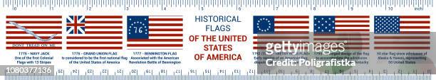 historical us flags on ruler - american flags - measuring tool- history - meter unit of length stock illustrations