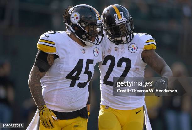 Stevan Ridley and Roosevelt Nix-Jones of the Pittsburgh Steelers celebrates after Ridley scored a touchdown against the Oakland Raiders during the...