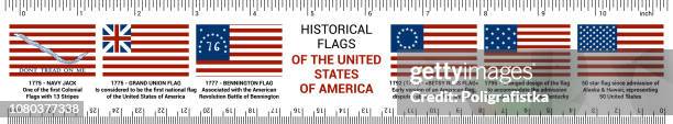 stockillustraties, clipart, cartoons en iconen met historische ons vlaggen op liniaal - amerikaanse vlaggen - meten tool-geschiedenis - betsy ross flag