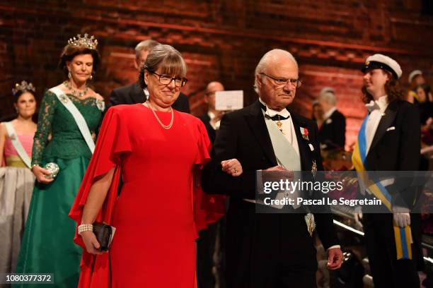 Crown Princess Victoria of Sweden,Queen Silvia of Sweden,Nobel Foundation chairman Carl-Henrik Heldin,Donna Strickland, laureate of the Nobel Prize...