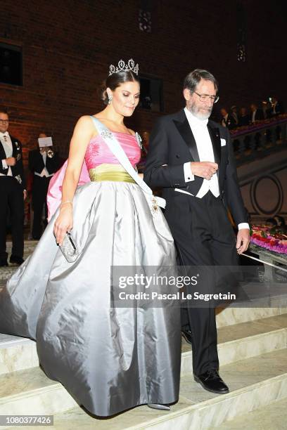 Crown Princess Victoria of Sweden and George P. Smith, laureate of the Nobel Prize in Chemistry attend the Nobel Prize Banquet 2018 at City Hall on...