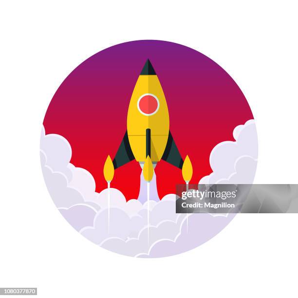 yellow rocket flies start up concept vector - high performance engine stock illustrations