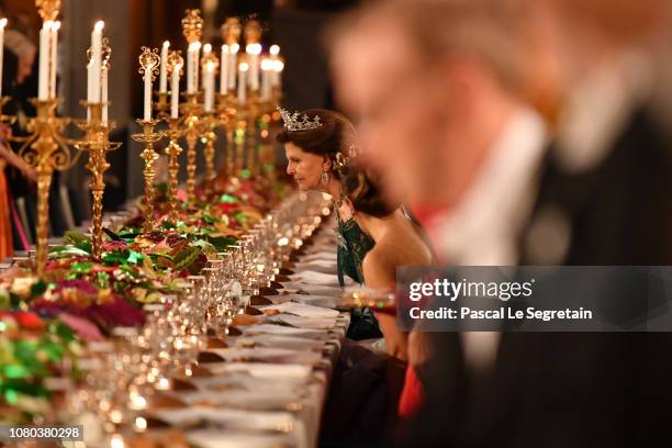 Queen Silvia of Sweden attend the Nobel Prize Banquet 2018 at City Hall on December 10, 2018 in Stockholm, Sweden.