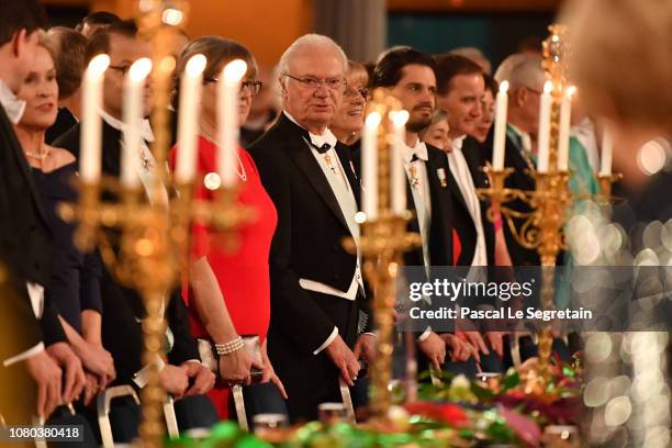 King Carl XVI Gustaf of Sweden attends the Nobel Prize Banquet 2018 at City Hall on December 10, 2018 in Stockholm, Sweden.