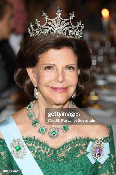 Queen Silvia of Sweden attends the Nobel Prize Banquet 2018 at City Hall on December 10, 2018 in Stockholm, Sweden.