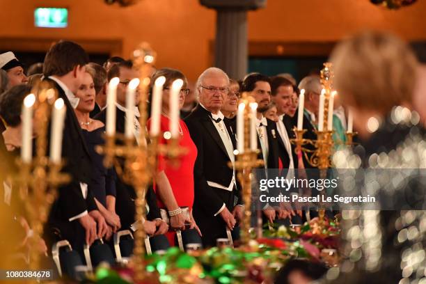King Carl XVI Gustaf of Sweden attends the Nobel Prize Banquet 2018 at City Hall on December 10, 2018 in Stockholm, Sweden.