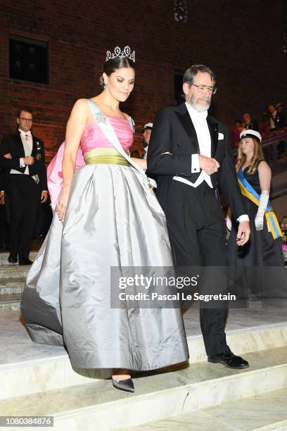 Crown Princess Victoria of Sweden and George P. Smith, laureate of the Nobel Prize in Chemistry attend the Nobel Prize Banquet 2018 at City Hall on...