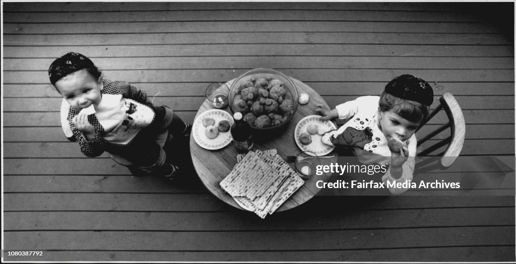 Jewish Passover Commences on Good Friday"(L-R) Jason Fuchs, 18 mnths and his brother Bradley, 2Â½, dig into some traditional Jewish tucker to celebrate Passover.At 2Â½, Bradley Fuchs is ***** old enough to ask the ***** Passover questions at the ***** 