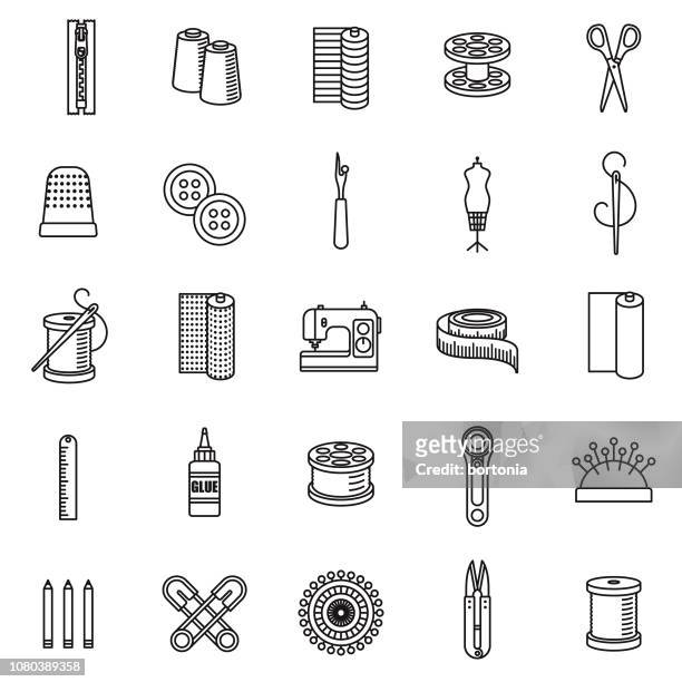sewing supplies thin line icon set - cotton stock illustrations