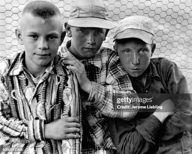 Portrait of three unidentified boys as they stand, in front of a wire fence, at a baseball park on the Mesabi Iron Range, Hibbing, Minnesota, 1950....