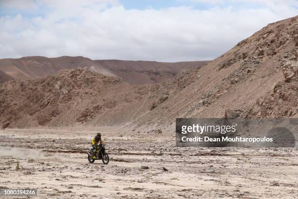 Slovnaft Team No. 11 Motorbike ridden by Stefan Svitko of Slovakia competes during Stage Four of the 2019 Dakar Rally between Arequipa and Moquegua...