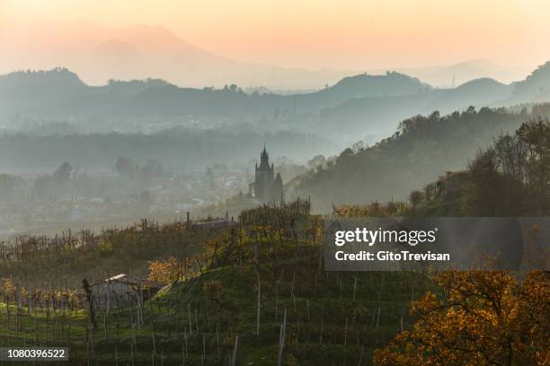 farra di soligo (tv) - sonnenuntergang und nebel auf den prosecco weinbergen, 2 - treviso italian stock-fotos und bilder