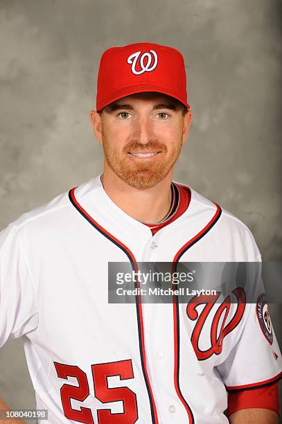Adam LaRoche of the Washington Nationals poses for a portrait before being introduced to the media on January 14, 2011 at Nationals Park in...