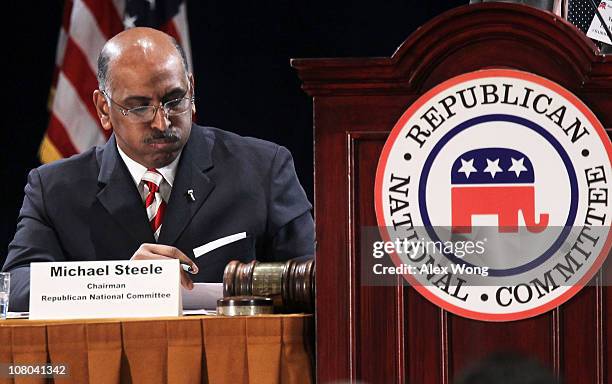 Incumbent Republican National Committee Chairman Michael Steele listens during a session of the RNC Winter Meeting January 14, 2011 in National...