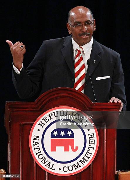 Incumbent Republican National Committee Chairman Michael Steele speaks as he announces that he is dropping out of his re-election bid for the...