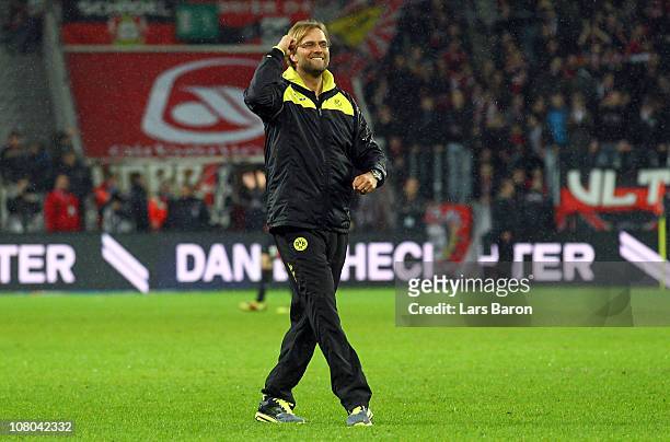 Head coach Juergen Klopp of Dortmund celebrates after winning the Bundesliga match between Bayer Leverkusen and Borussia Dortmund at BayArena on...
