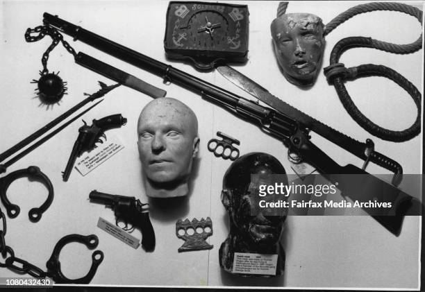 Some of the artefacts, Including death masks of Captain Moonlite and Thomas Rogan, Ned Kelly's 44 Webley Scott revolver, Captain Moonlite's 38 Pin...