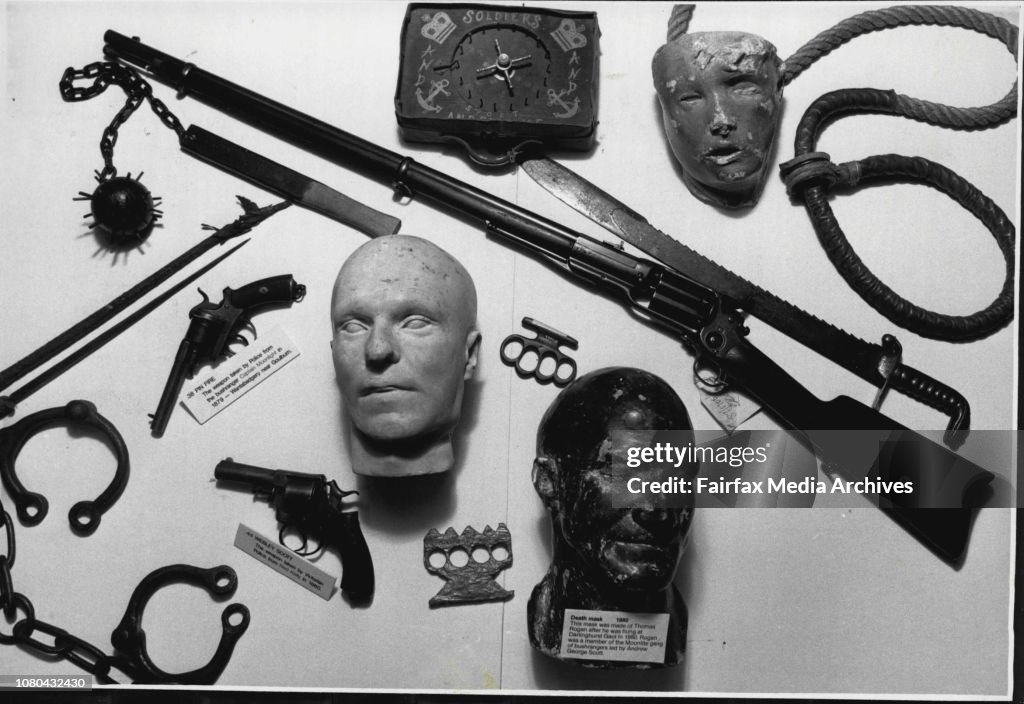 Some of the artefacts, Including death masks of Captain Moonlite and Thomas Rogan, Ned Kelly's 44 Webley Scott revolver, Captain Moonlite's 38 Pin Fire, and the noose used on many early bush rangers.Death masks, truncheons, court records and knuckle duste