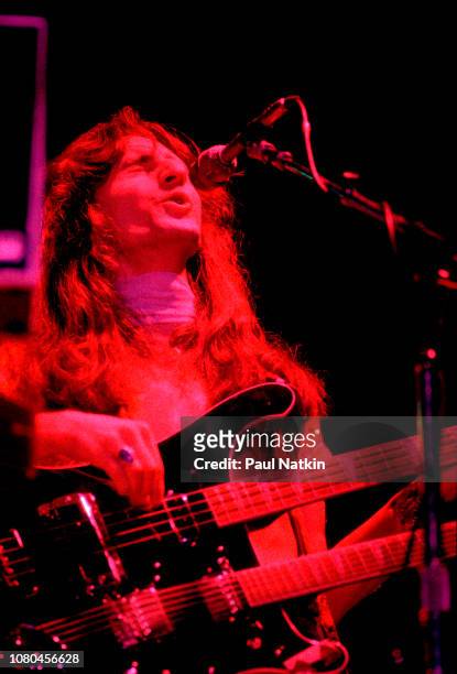 Singer and guitarist Geddy Lee of the band Rush performs on stage at the Aragon Ballroom in Chicago, Illinois, January 7, 1978.