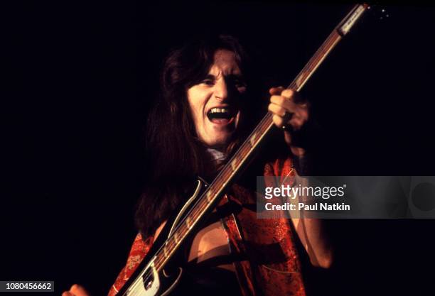 Singer and guitarist Geddy Lee of the band Rush performs on stage at the Aragon Ballroom in Chicago, Illinois, January 7, 1978.