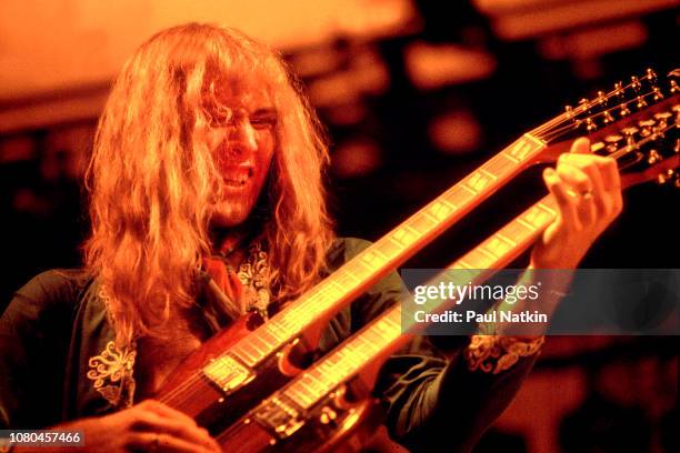 Alex Lifeson of the band Rush performs at the Aragon Ballroom in Chicago, Illinois, January 7, 1978.